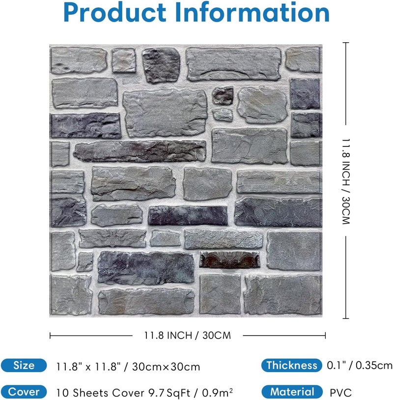COMSTICKC 3D Faux Stone Wall Panel Peel and Stick Wall Tiles, 10 Pcs of 12"X12", Ultra-Light Thin PVC Rock Adhesive Fake Stone Wallpaper Paneling Backsplash Interior Decor, Gray - Image 5